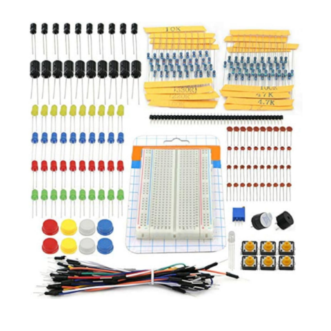 Electronics Starter Component Kit with Breadboard, Resistors, Capacitors, LEDs & Jumper Wires