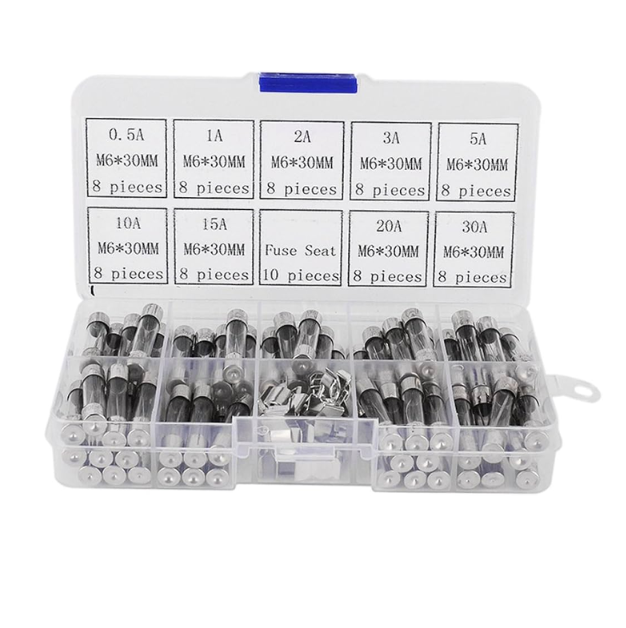 72PCS 6×30mm Glass Fuse Kit with Fuse Holder – 250V Assorted Fuse Set (0.5A–30A) with Plastic Storage Box - Image 2