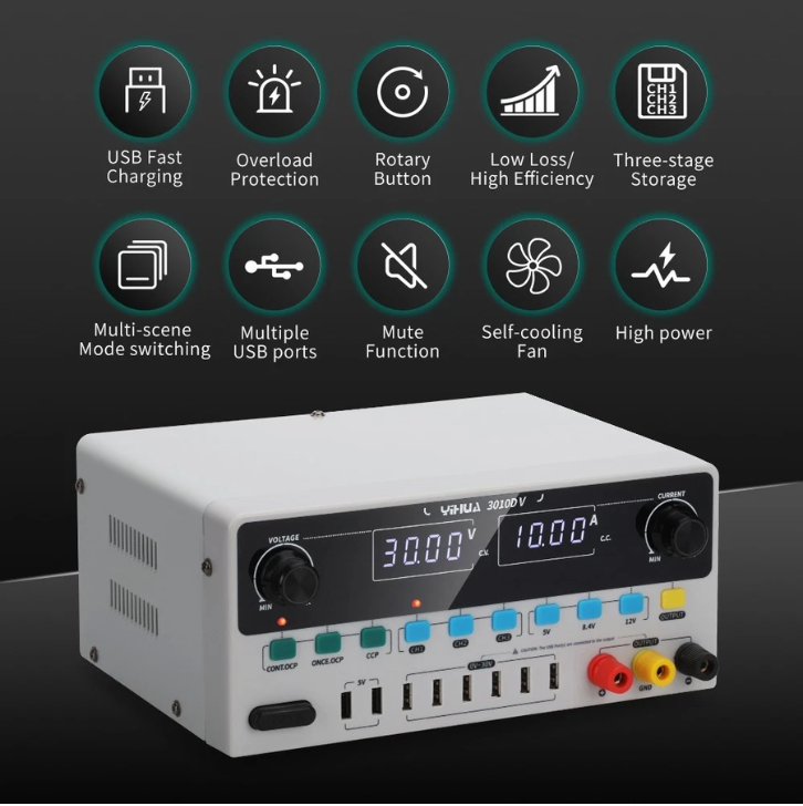 YIHUA 3010D-V PRO 30V 10A 300W Digital DC Bench Power Supply with USB-C PD 65W & Memory Presets - Image 3